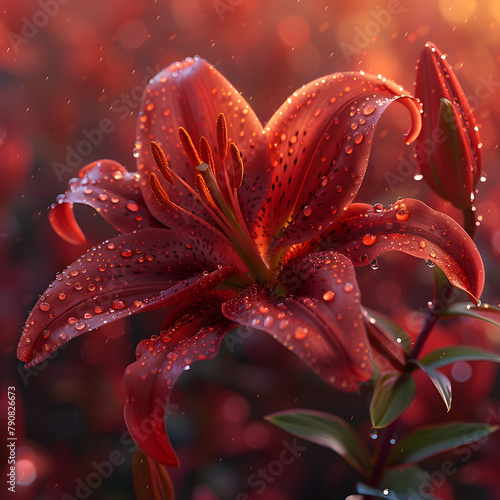 Vivid Red Lily Amidst Maroon-Burgundy Sunset with Realistic Water Droplets, Textured Petals, and Detailed Scene