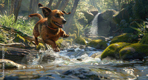 A dog is swiftly running across a stream in a lush green forest photo