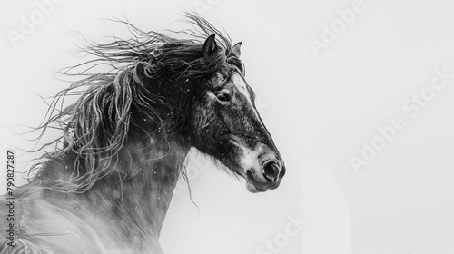 A black and white depiction of a majestic horse standing gracefully in a field