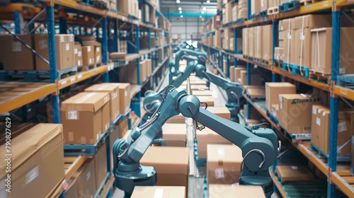 Robotic arms efficiently sorting and handling packages in a warehouse, signifying the role of automation in logistics and supply chain