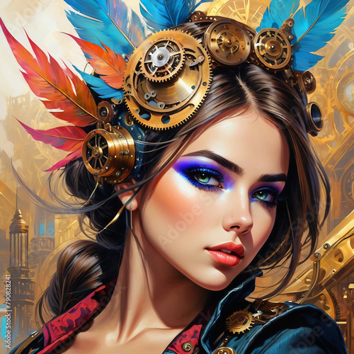 Beautiful steampunk girl. Illustration of a young woman in a steampunk fantasy city landscape. Portrait of a woman in the city