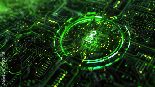 A green circuit board with a lock mechanism attached, illustrating security and protection measures in electronic systems