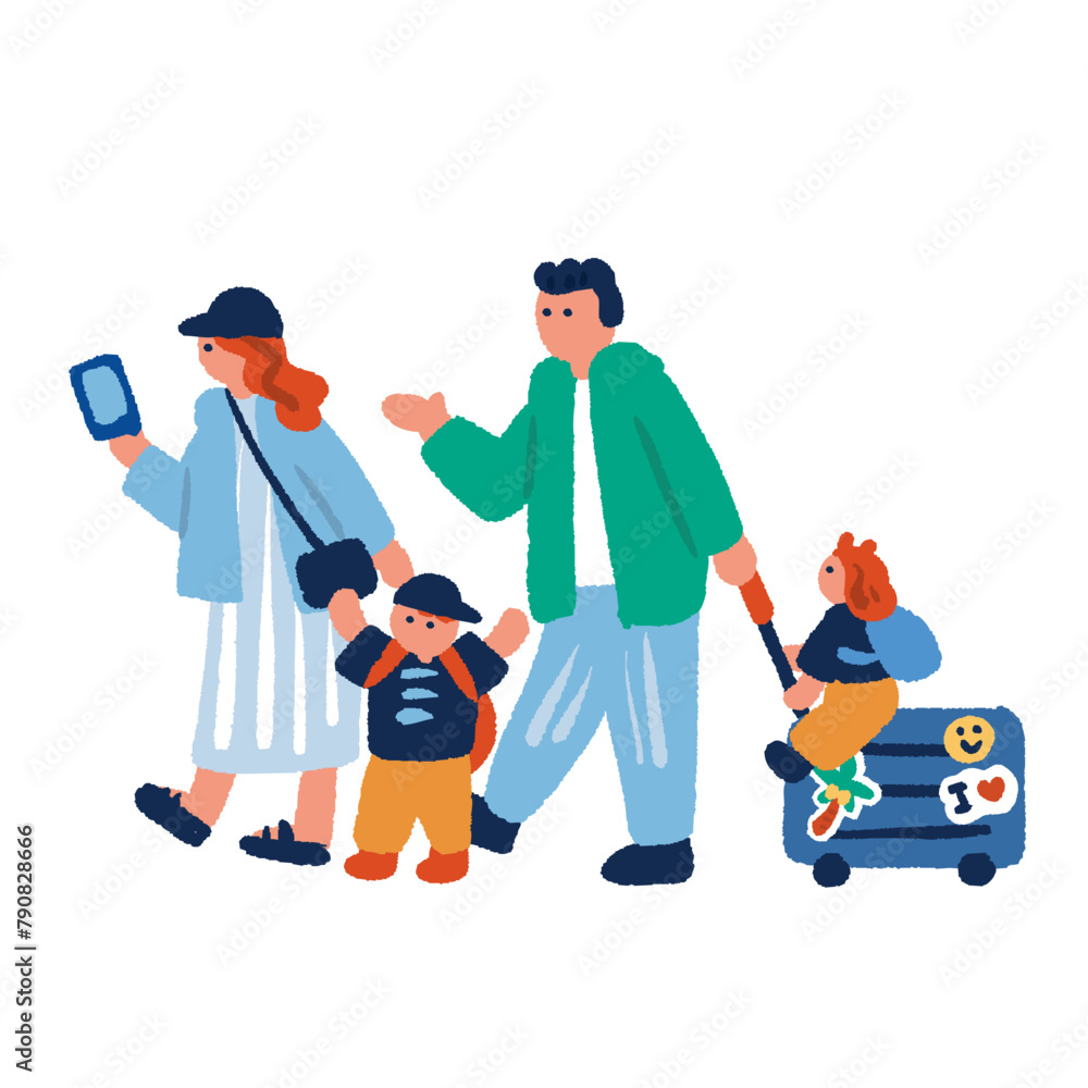 家族旅行に出かける親子のシンプルでカラフルな手描きイラスト
家族旅行に出かける親子のシンプルでカラフルな手描きイラスト