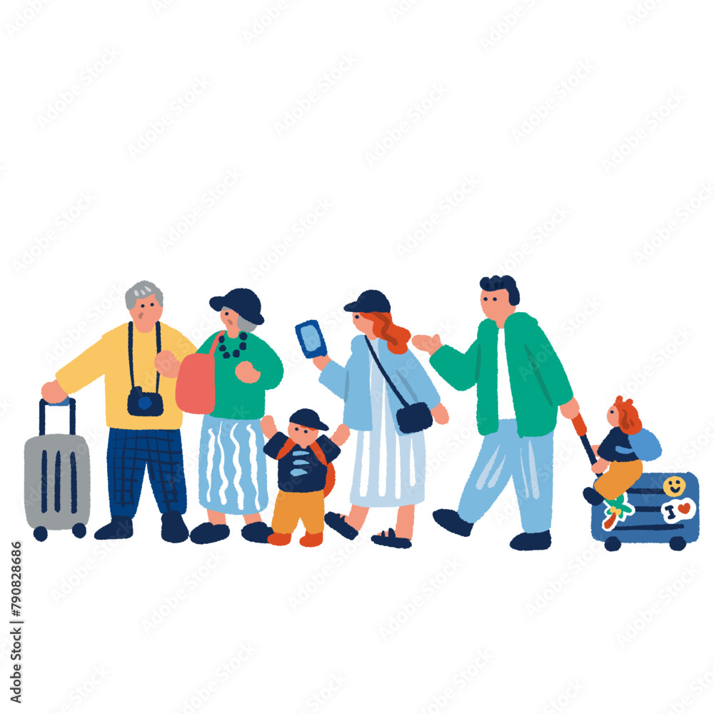 家族旅行に出かける三世代親子のシンプルでカラフルな手描きイラスト
家族旅行に出かける三世代親子のシンプルでカラフルな手描きイラスト