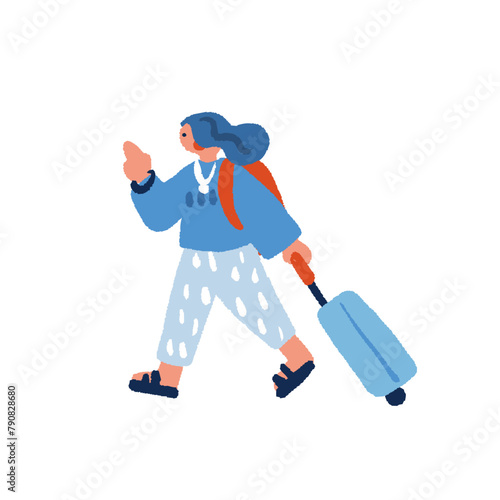 スーツケースを持って歩く女性の手描きイラスト
