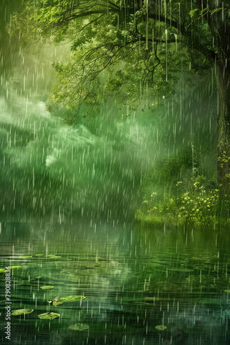 A lush green forest with vibrant water lilies in a rain shower