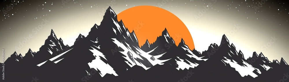 Majestic mountain vista under a full moon, with snowcapped peaks and starry sky