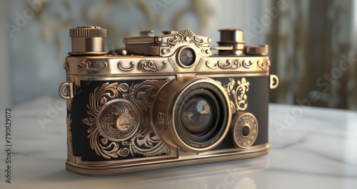 Art Deco 3D render vintage camera with decorative details