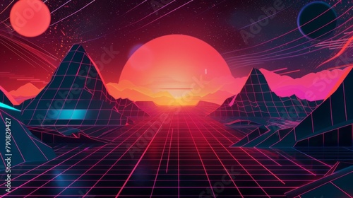 Vibrant Retro-Futuristic Synthwave Landscape at Sunset