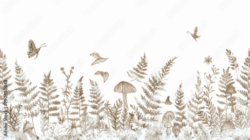 Enchanting Ferns and Butterflies Illustration in Earthy Tones Enchanting Ferns and Butterflies Illustration in Earthy Tones