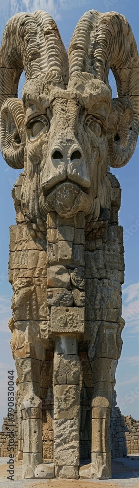 A large stone statue of a ram with horns