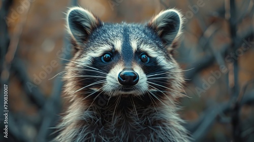 A raccoon with a black nose and a white stripe on its face