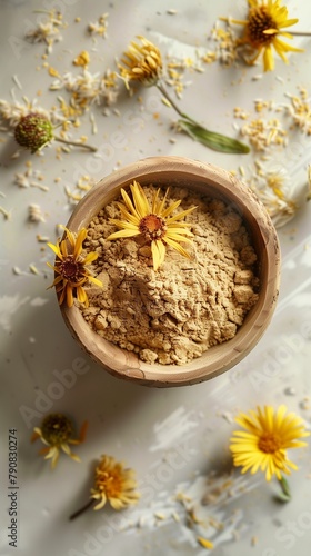 Yellow arnica extract powder flower organic ingredient story background photo