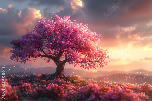 Tranquil Violet-Pink Tree Amidst Soft Clouds and Sky - Nature Stock Photo