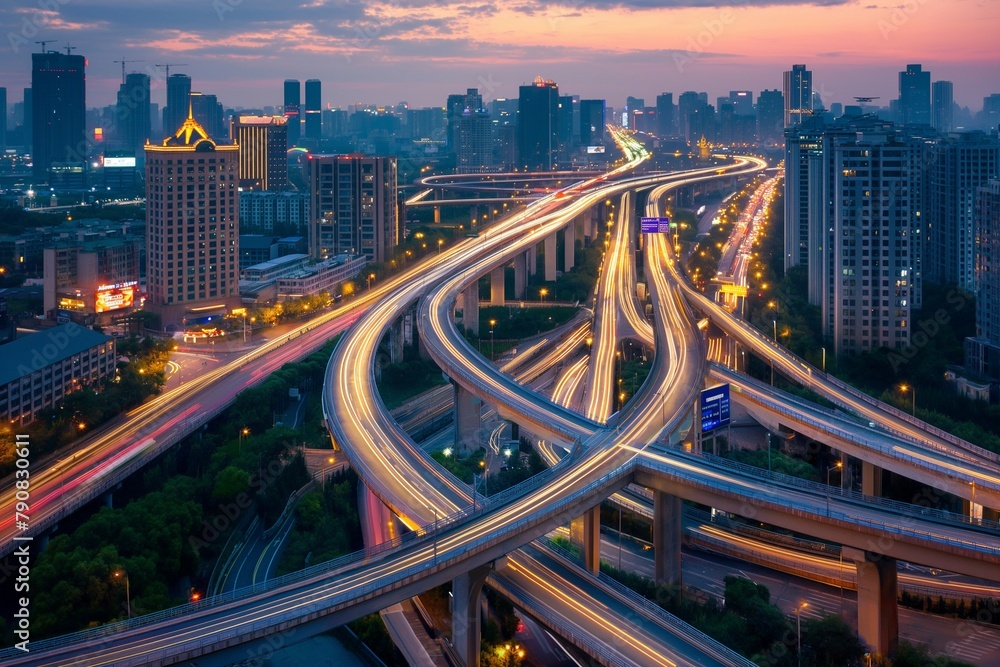 Fototapeta premium Aerial View of Complex Overpass and Busy Traffic, Complex Overpass, busy traffic road, overpass busy traffic road top view