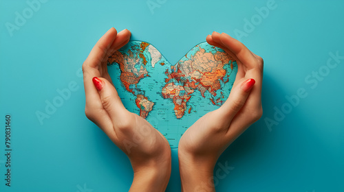 Female hands painted in the world map forming heart, generative ai