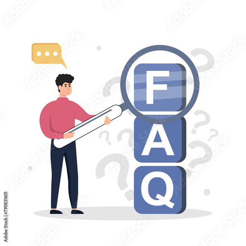 Frequently asked questions concept. The characters stand near an exclamation point and a question mark, ask questions and receive answers. People with disabilities. Vector illustrations.