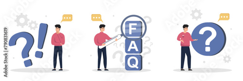 Frequently asked questions concept. The characters stand near an exclamation point and a question mark, ask questions and receive answers. People with disabilities. Vector illustrations set.