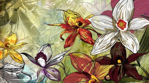 Vibrant Illustrated Orchids on Abstract Grunge Background