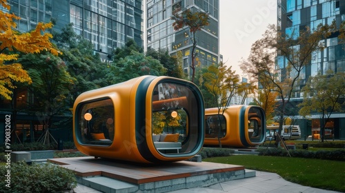 Futuristic modular living pods in an urban setting