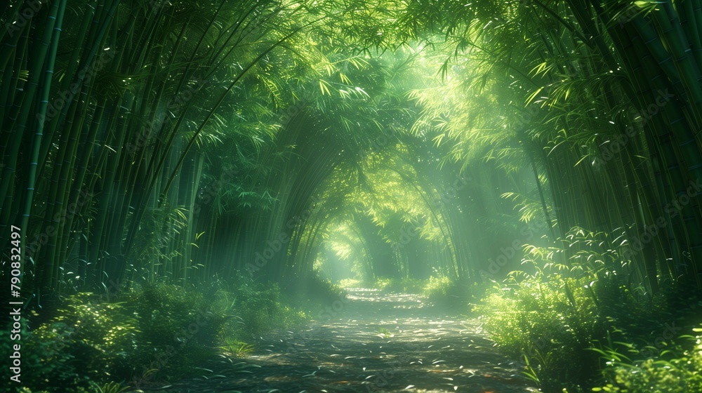 Fototapeta premium Dappled Light on Bamboo Forest Pathway, generative ai