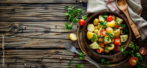 Rustic potato salad, copy space, vintage wooden table