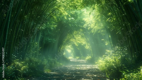 Dappled Light on Bamboo Forest Pathway  generative ai