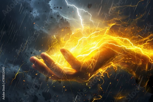 Hand Gripping Powerful Lightning Bolt. A close-up image of a hand, palm facing outward, firmly grasping a glowing yellow lightning bolt. photo