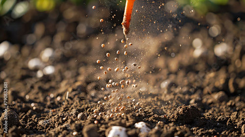 A close-up of a hand-operated seed spreader releasing tiny seeds onto freshly tilled earth, ready to sprout new life. photo