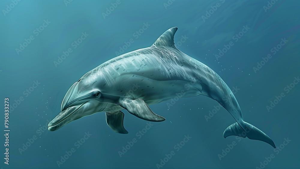 Fototapeta premium a dolphin swimming underwater. The dolphin is in sharp focus and is captured from the front and slightly to the side, showcasing its playful expression and smooth, streamlined body