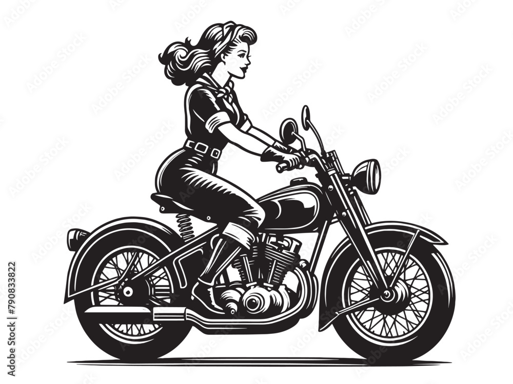 Beautiful young woman riding a motorcycle. Pin up blonde. vintage black isolated illustration, icon, emblem Beautiful young woman riding a motorcycle. Pin up blonde. vintage black isolated illustration, icon, emblem