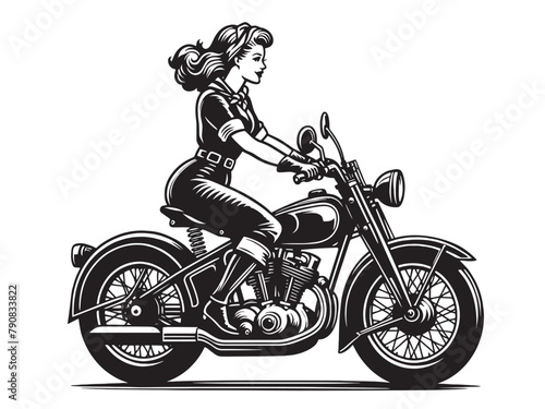 Beautiful young woman riding a motorcycle. Pin up blonde. vintage black isolated illustration, icon, emblem © Victoria