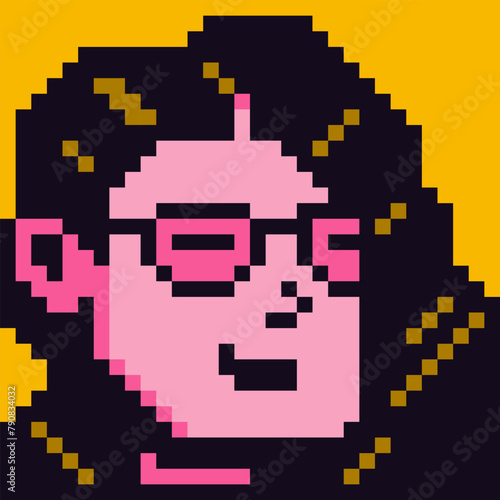 Avatar pixel art female character with glasses, 8-bit girl, cartoon vector icon, smiling woman face,  game user, web profile person, people, social net portrait, minimalistic fashion vector