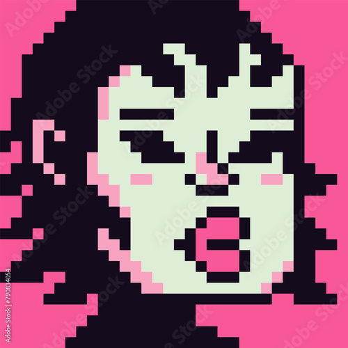 Pixel art 8-bit girl fashion female character, cartoon vector icon, avatar, game user or web profile person, people, social net portrait, young African American woman face, minimalistic vector