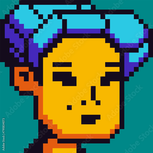 Pixel art young woman face old vintage style, 8-bit girl, avatar female character, cartoon vector icon, game user or web profile persons and people, social net portrait, minimalistic fashion, vector
