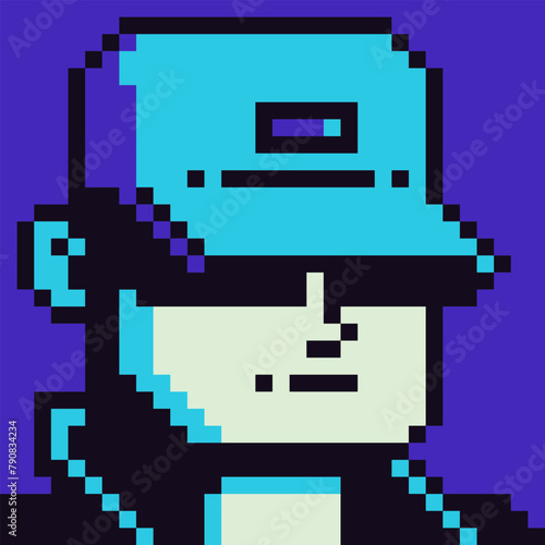 Pixel art guy face in cap, 8-bit man, avatar male funny character, boy 80s, cartoon vector icon, game user or web profile person, people, social net portrait