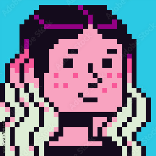 Avatar pixel woman face, female fashion character, cartoon vector icon, game user or web profile persons and people, 8-bit girl, social net portrait, minimalistic vector background.