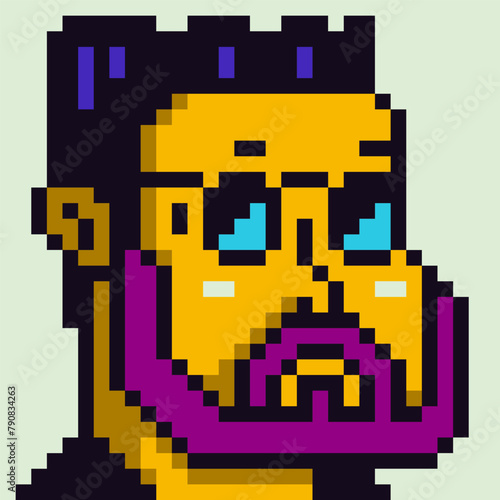 Avatar pixel bearded male character, cartoon icon, game user or web profile person, people, 8-bit guy, social net portrait, man face with beard, minimalistic fashion vector illustration.