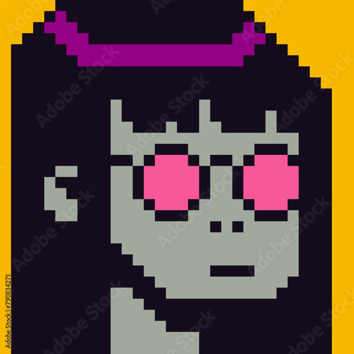 Avatar pixel art female character with glasses, 8-bit girl, cartoon vector icon, game user or web profile person, people, social net portrait, woman face, minimalistic fashion, vector illustration