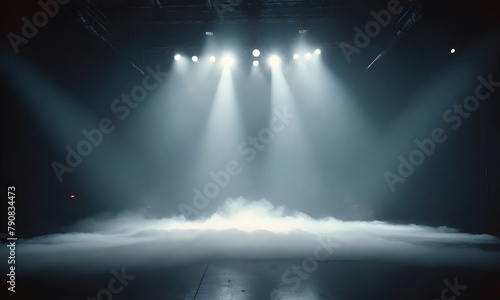 Dramatic stage with bright spotlights shining through fog or mist, creating an atmospheric and mysterious scene