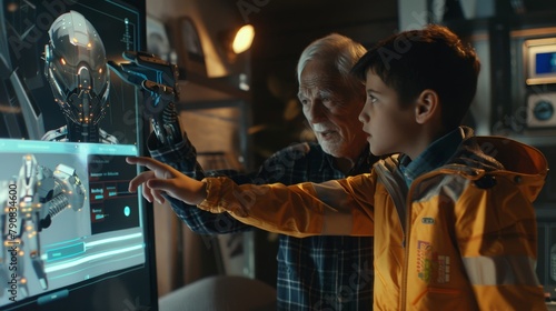 An elderly man and young boy interact with a holographic robot display in a high-tech room.. Created with Generative AI.