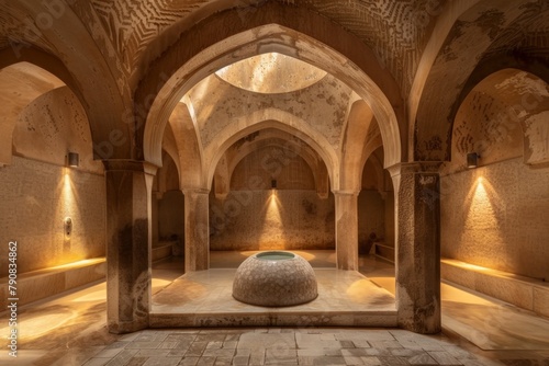 Large stone bowl sitting in a room with arches. Hammam background 