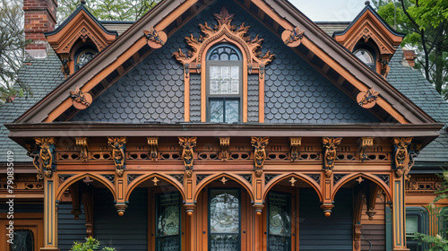 Decorative shingles and ornate brackets accentuating the eaves of a beautifully restored Victorian residence.