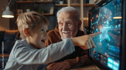 Boy and grandfather excitedly pointing at a futuristic computer screen in a cozy room.. Created with Generative AI.