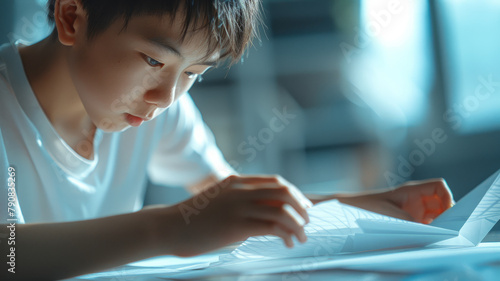 Young boy studying with papers.