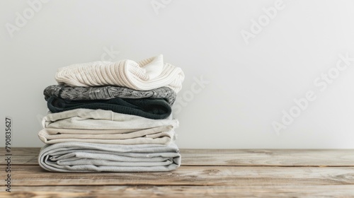 A pile of clothes on a wooden table