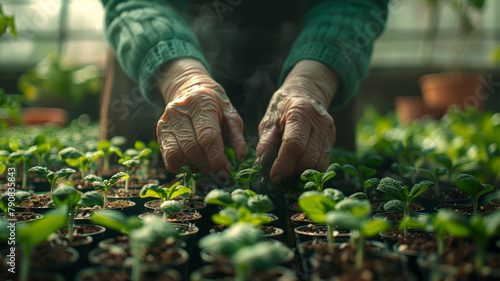 Hands of a senior person planting seedlings.