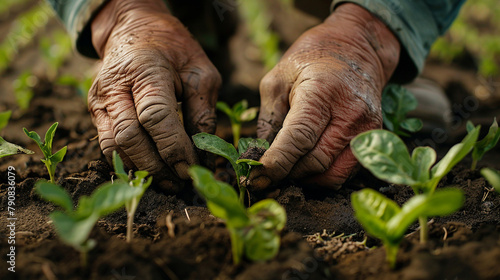 A pair of weathered hands carefully transplanting seedlings into neat rows, their fingers gently cradling the tender roots.