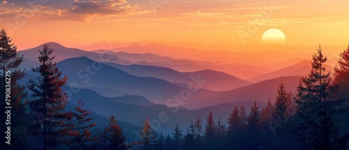 Evening Glow Illustrate the scene during sunset, with the mountains and trees silhouetted against the colorful sky, creating a stunning, serene atmosphere 8K , high-resolution, ultra HD,up32K HD