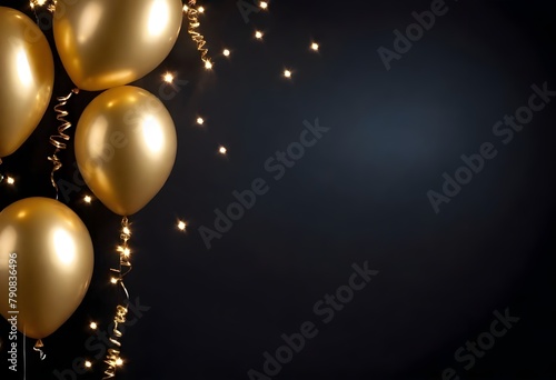 Golden balloons and sparkling lights against a dark background